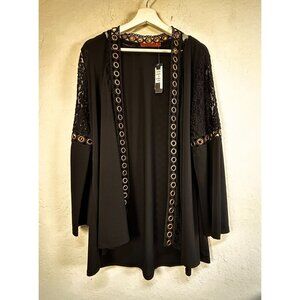 Belldini Womens Plus Size 1X Lace-Trim Cardigan Sweater Open Front Black New